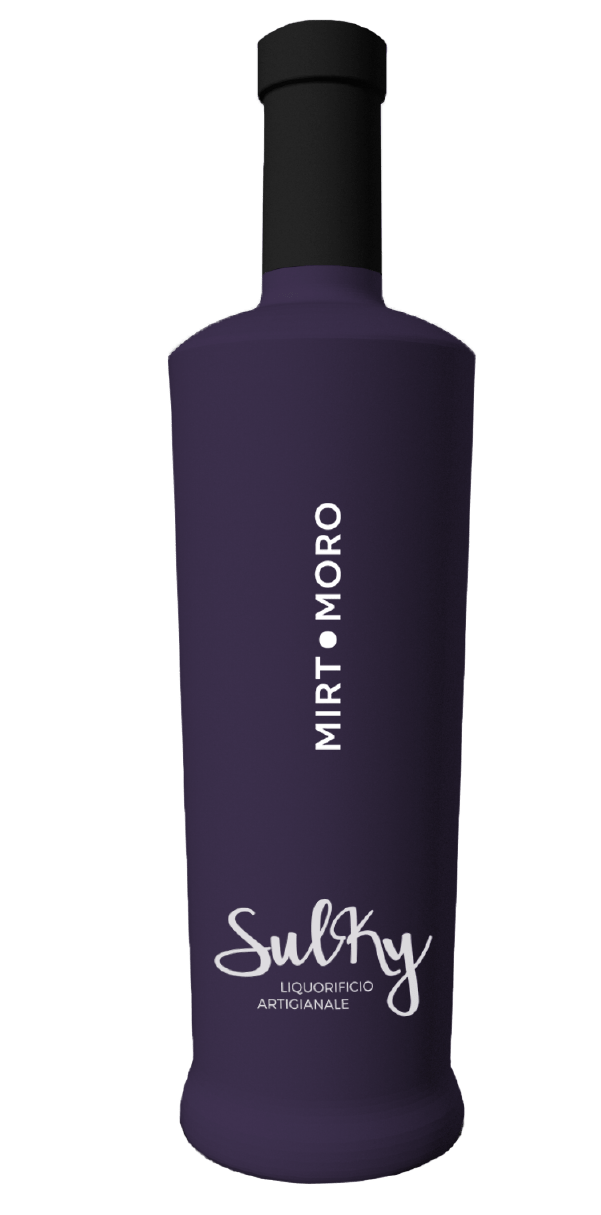 Bottiglia di design Sulki Liquori Mirto Moro. Packaging ideato da 37Comunicazione.